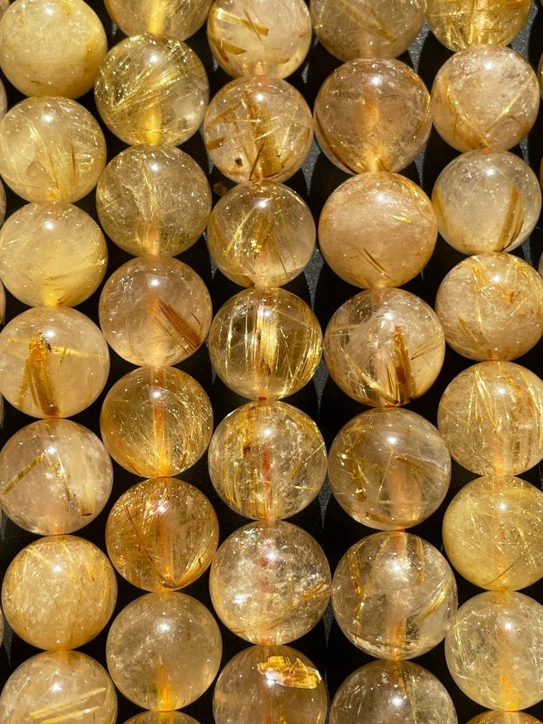 AA+ Natural Gold Rutilated Quartz Gemstone Bead 5mm 6mm 8mm 9mm 10mm 12mm Round Beads, Natural Golden Yellow Color Rutilated Quartz Gemstone Bead Discount