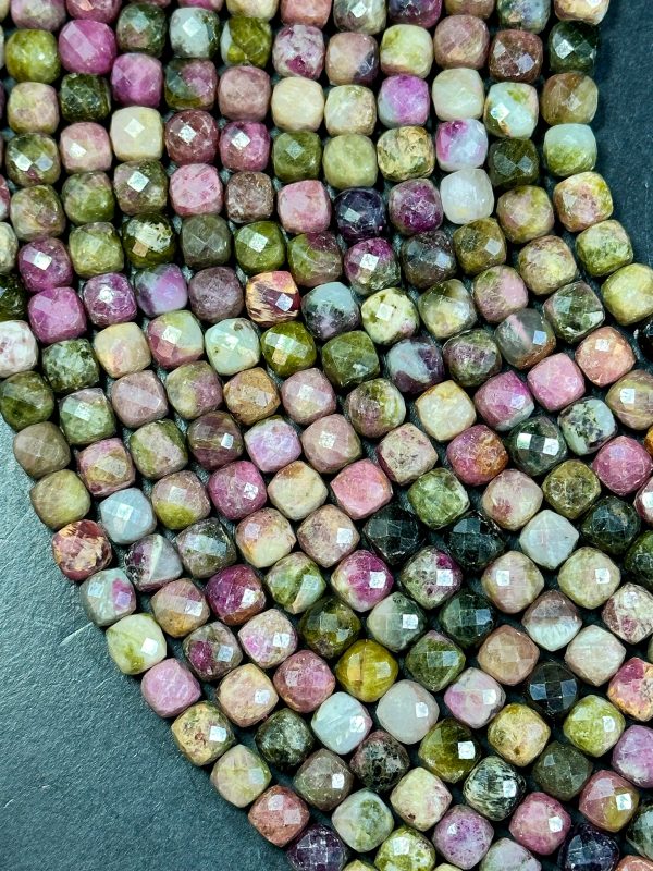 AA Natural Tourmaline Gemstone Beads Faceted 8mm Cube Shape, Beautiful Multicolor Tourmaline Gemstone Beads Full Strand 15.5  For Sale