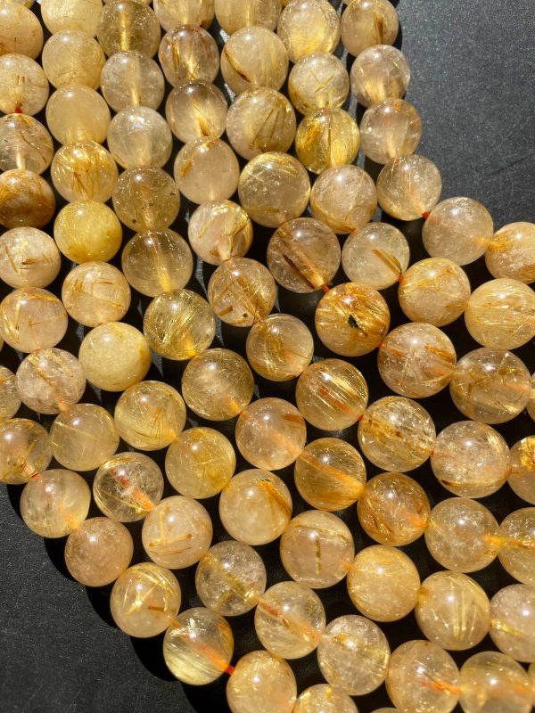 AA+ Natural Gold Rutilated Quartz Gemstone Bead 5mm 6mm 8mm 9mm 10mm 12mm Round Beads, Natural Golden Yellow Color Rutilated Quartz Gemstone Bead Discount