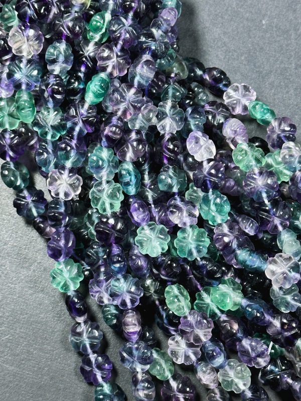 AAA Natural Fluorite Gemstone Bead, Hand Carved 12mm Flower Shape Bead, Beautiful Natural Purple Green Color Fluorite Bead Full Strand 15.5  Discount