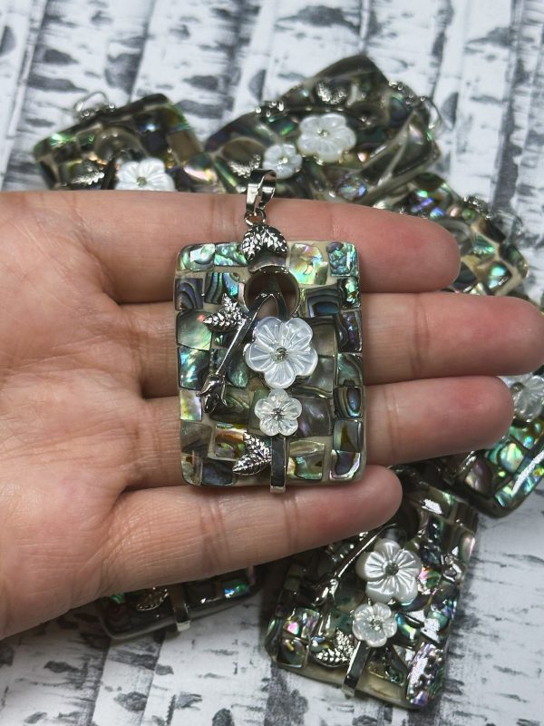 Natural Abalone Shell Pendant Charm, Beautiful Rainbow Abalone Rectangle Shape Pendant with Floral Flower Design for Jewelry Making (1pc) Hot on Sale