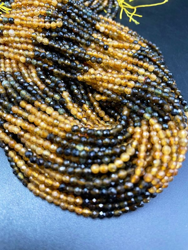 AAA Black Yellow Tourmaline Gemstone Bead Faceted 3mm 4mm Round Bead, Gorgeous Black Yellow Color Tourmaline Gemstone Beads Cheap