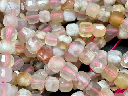 AAA Natural Cherry Blossom Flower Agate Gemstone Bead Faceted 8mm Cube Shape, Gorgeous Natural Beige Light Pink Clear Color Beads For Cheap