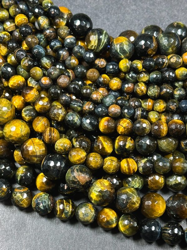 Natural Tiger Eye Gemstone Bead Faceted 6mm 8mm 10mm Round Beads, Beautiful Natural Brown Navy Blue Color Tiger Eye Stone Beads 15.5  Strand For Sale