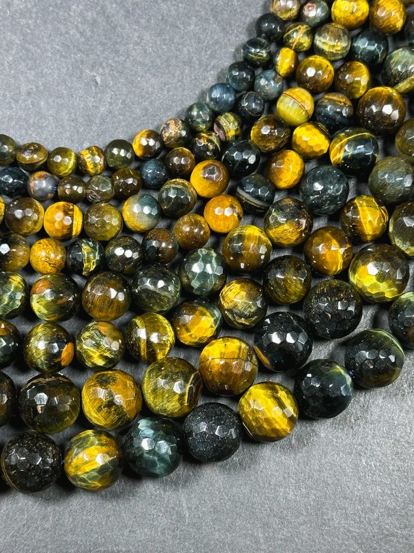 Natural Tiger Eye Gemstone Bead Faceted 6mm 8mm 10mm Round Beads, Beautiful Natural Brown Navy Blue Color Tiger Eye Stone Beads 15.5  Strand For Sale