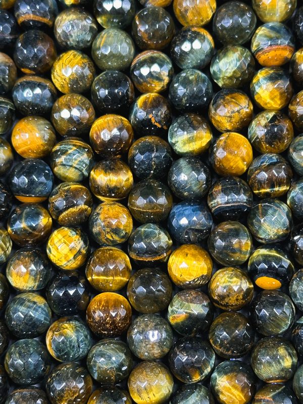 Natural Tiger Eye Gemstone Bead Faceted 6mm 8mm 10mm Round Beads, Beautiful Natural Brown Navy Blue Color Tiger Eye Stone Beads 15.5  Strand For Sale