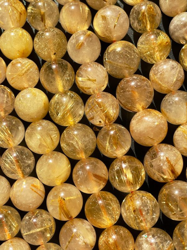 AA+ Natural Gold Rutilated Quartz Gemstone Bead 5mm 6mm 8mm 9mm 10mm 12mm Round Beads, Natural Golden Yellow Color Rutilated Quartz Gemstone Bead Discount