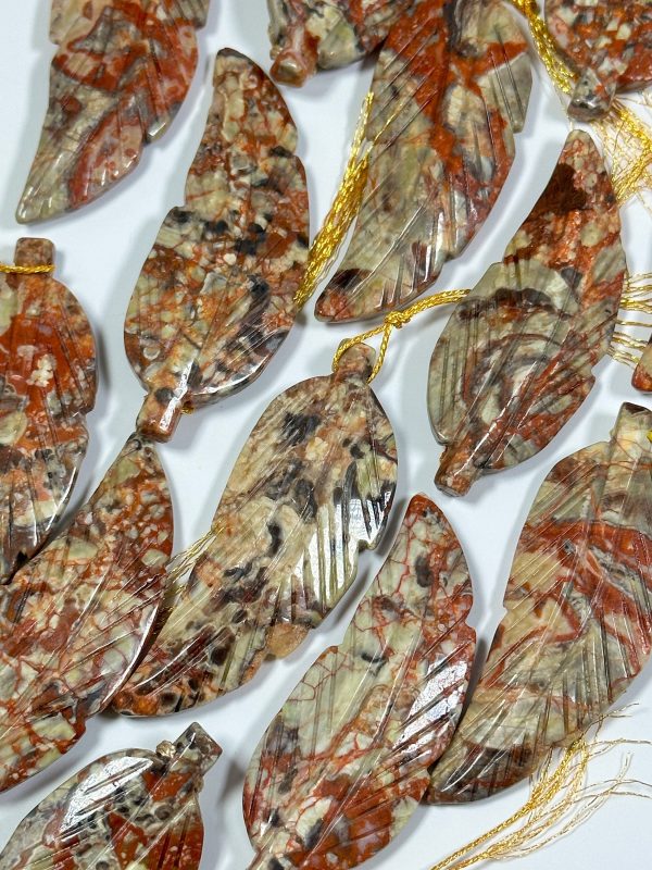 NATURAL Hand Carved Mushroom Jasper Gemstone Pendant 60x23mm Feather Shape, Beautiful Red Orange Color Mushroom Jasper Feather Loose Pendant on Sale