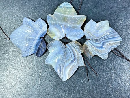 NATURAL Beautiful Hand Carved Botswana Gemstone Pendant 56mm Maple Leaf Shape, Gorgeous Gray Blue Beige Color Botswana Hand Carved Pendant For Discount