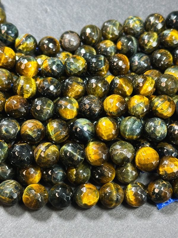 Natural Tiger Eye Gemstone Bead Faceted 6mm 8mm 10mm Round Beads, Beautiful Natural Brown Navy Blue Color Tiger Eye Stone Beads 15.5  Strand For Sale