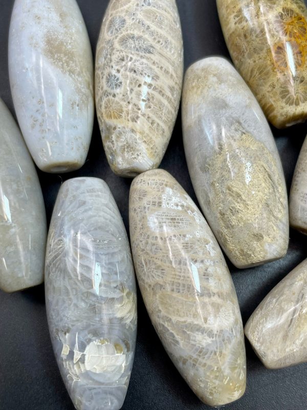 Natural Fossil Coral Gemstone Bead 16x40mm Barrel Shape, Beautiful Natural Beige Color Fossil Coral LOOSE BEADS Online now