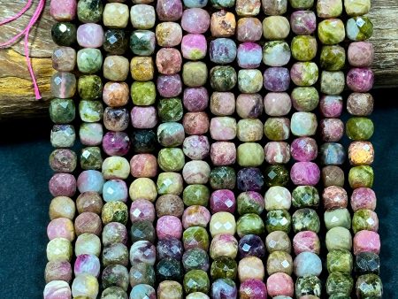 AA Natural Tourmaline Gemstone Beads Faceted 8mm Cube Shape, Beautiful Multicolor Tourmaline Gemstone Beads Full Strand 15.5  For Sale