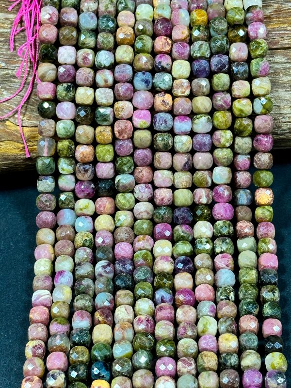 AA Natural Tourmaline Gemstone Beads Faceted 8mm Cube Shape, Beautiful Multicolor Tourmaline Gemstone Beads Full Strand 15.5  For Sale